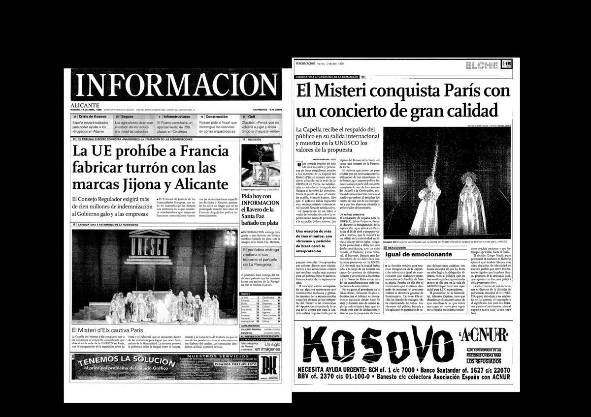Portada y noticia interior de la escenificación del Misteri para la Unesco en París en 1999