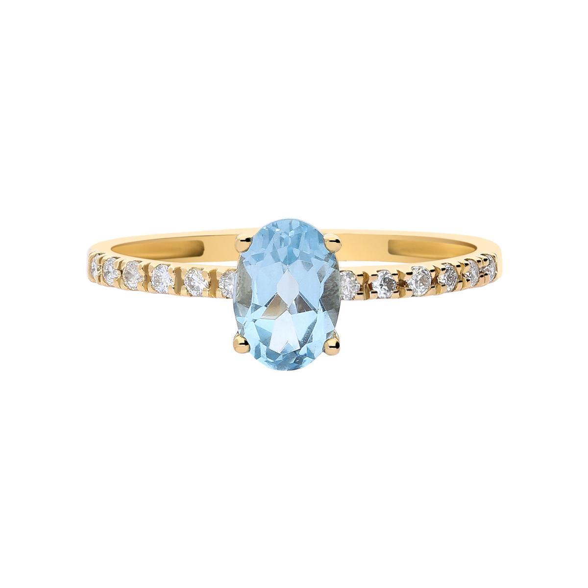 Anillo de oro de 18 quilates, diamantes y topacio azul naturales. (399€)