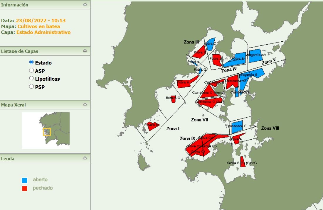 El &quot;visor&quot; del Intecmar que muestra los polígonos abiertos (en azul) y los cerrados (rojo) de la ría de Arousa.
