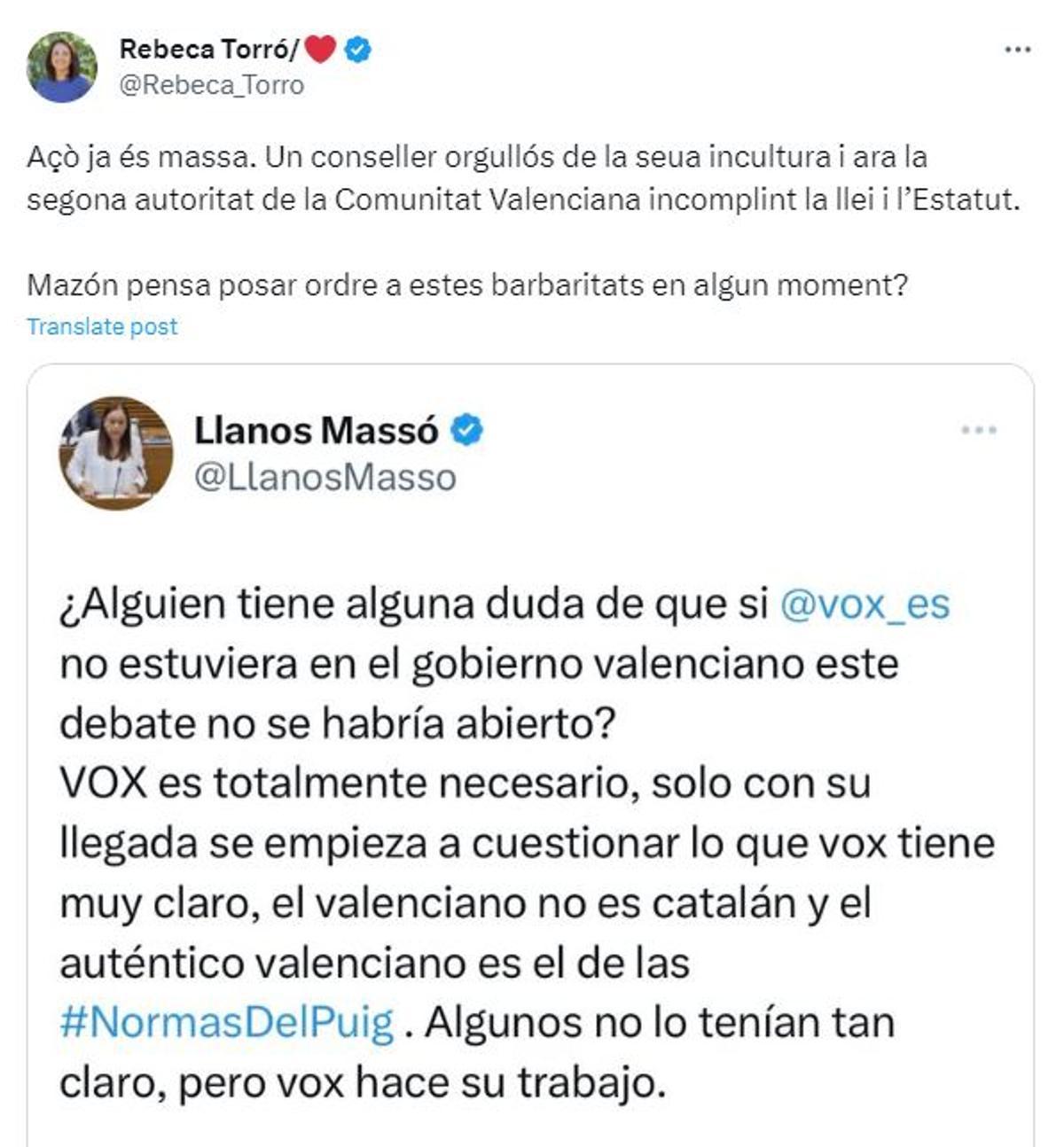 El tuit de la síndica del PSPV, Rebeca Torró.