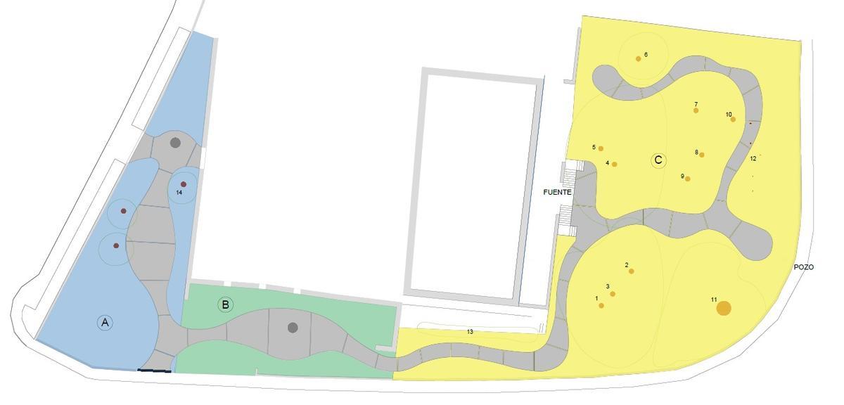 La entrada (en azul), el jardín (verde) y el bosque (amarillo) del pazo de Baldomir.