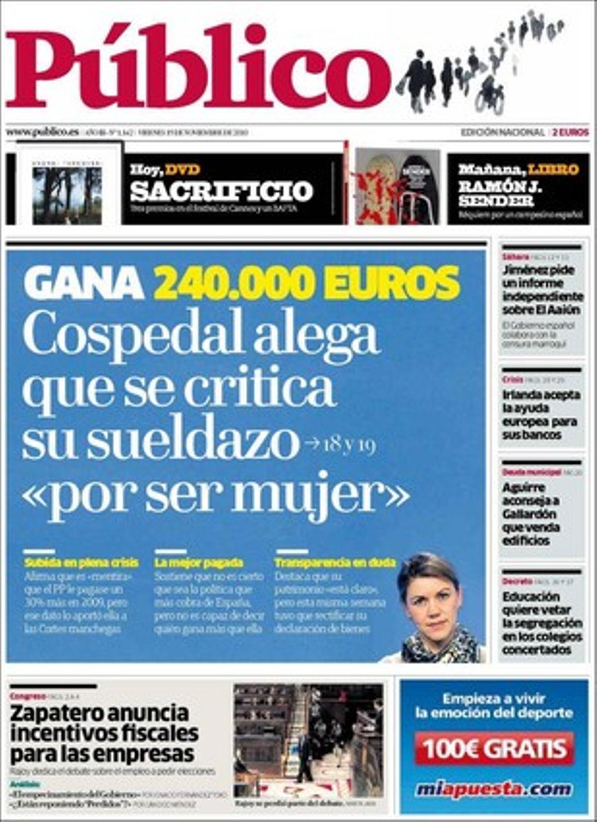 A dins, ’Público’ destaca a més: Una web revela les dades de 200 caps militars que van atacar Gaza; acusa de crims de guerra els comandaments israelians de l’operació Plom Fos; El PP no creu que Sostres danyi la imatge de Telemadrid; Els nous horts solars cobraran un 45% menys; Tres robatoris amb violència en cinc dies posen en alerta la Costa Brava; Educació, decidida a acabar amb la segregació per sexes que impulsen col·legis privats sostinguts amb fons públics a Madrid, el País Valencià i Galícia, i Javier Arenas avala l’expulsió de gitanos romanesos a Motril; No són animals per enviar-los en un camió al seu país, denuncia el PSOE.