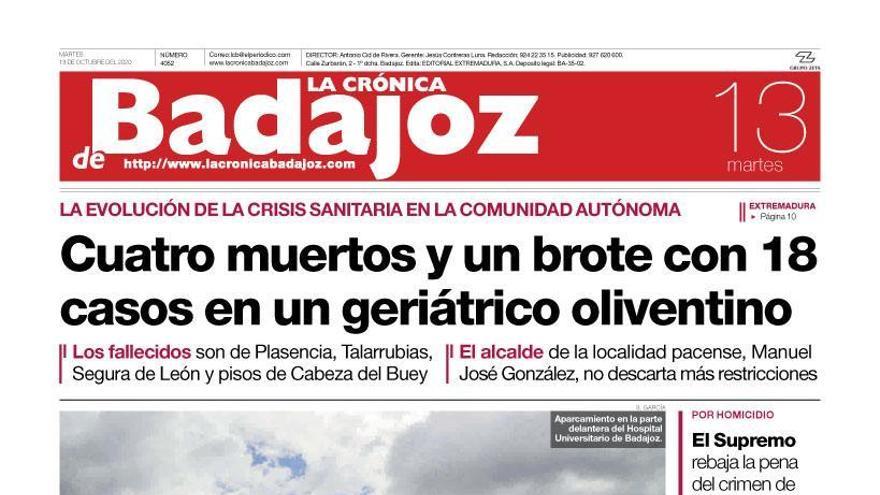 Esta es la portada de LA CRÓNICA DE BADAJOZ correspondiente al día 13 de octubre del 2020