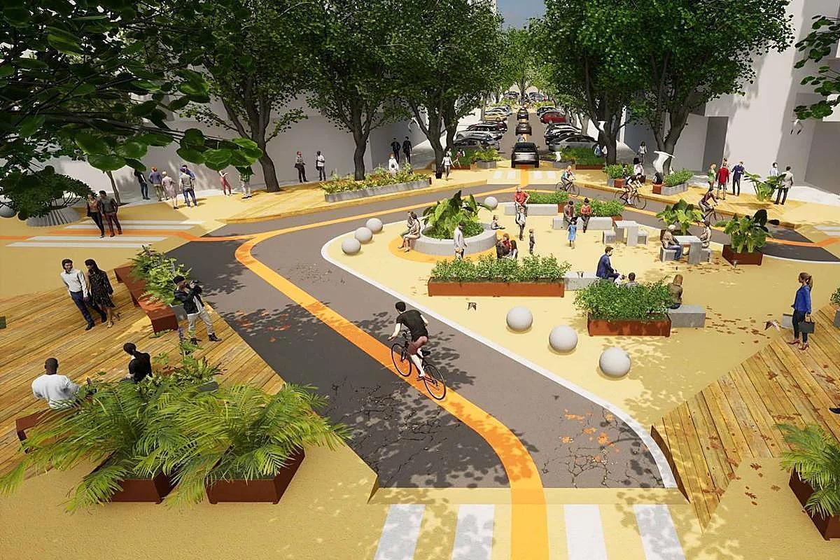 Recreación de una zona ajardinada y peatonal en uno de los cruces.