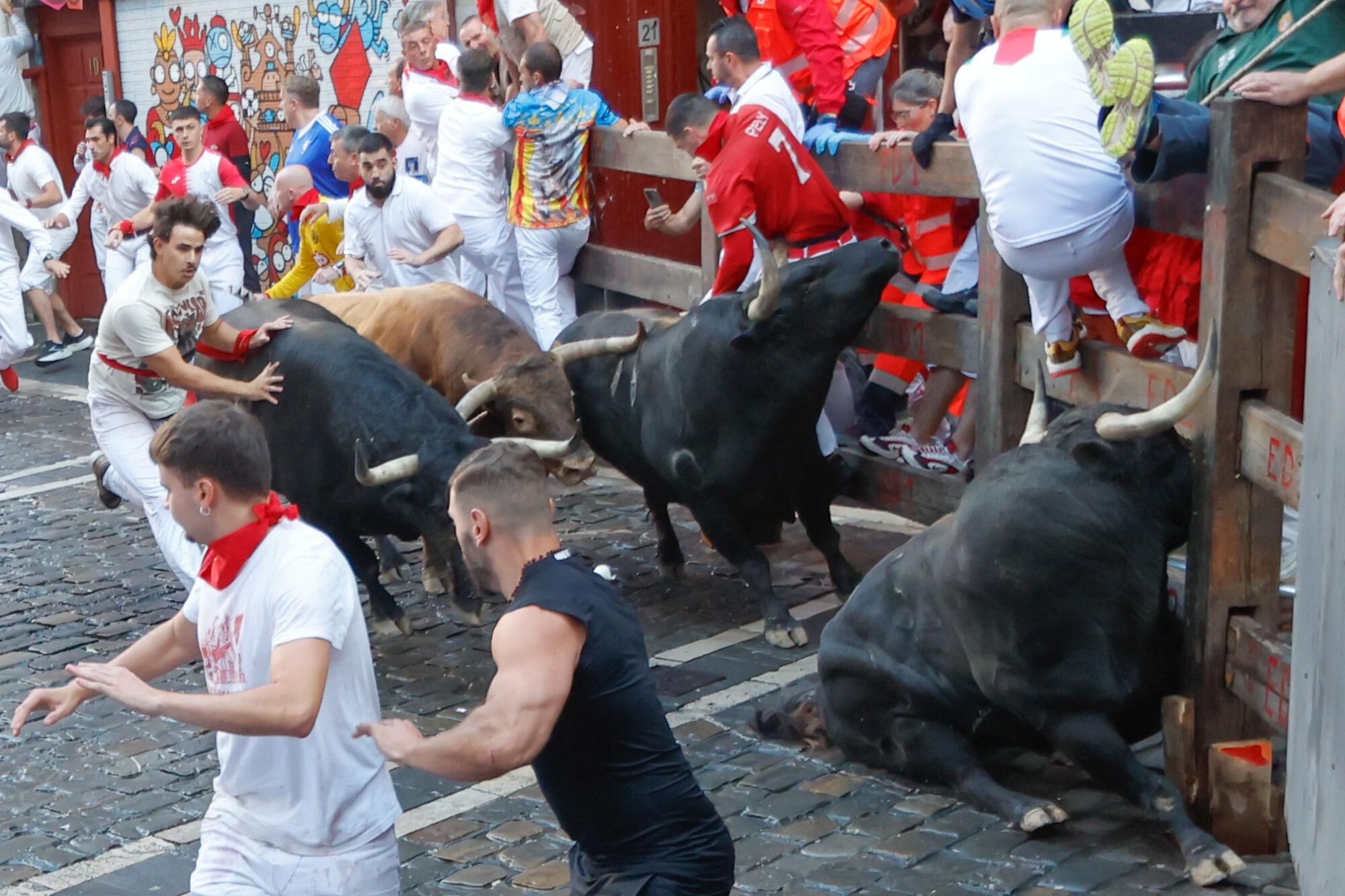 PAMPLONA, 13/07/2025.- Varios mozos son embestidos por toros de la ganadería gaditana de La Palmosilla s durante el séptimo encierro de los Sanfermines 2025 este domingo en Pamplona. EFE/Jesús Diges