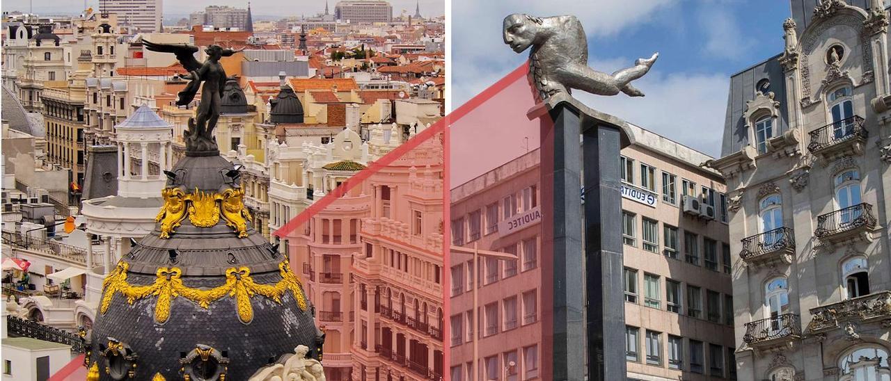 A la izquierda, una imagen del edificio Metrópolis de la Gran Vía en Madrid; a la derecha, el Sireno, símbolo de la Puerta del Sol, en Vigo