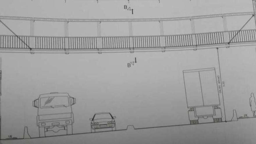 Dibujo de la vista frontal de una de las pasarelas que se instalará. Se ve a la derecha la cimentación.