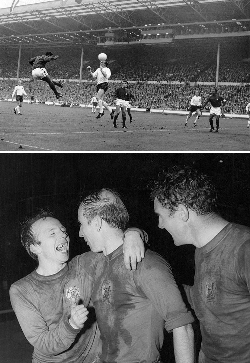 Eusebio cabecea mientras Stiles trata de tapar el remate en la semifinal del Mundial de 1966 / Stiles se abraza a Charlton tras ganar la Copa de Europa de 1968