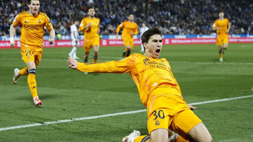 Gonzalo García celebra el gol de la victoria del Real Madrid ante el Leganés en Copa en Butarque