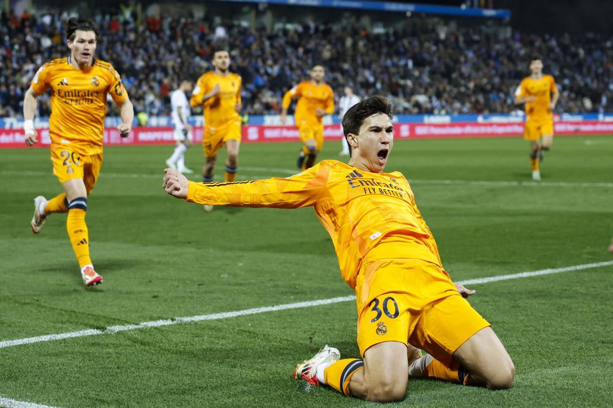Gonzalo García celebra el gol de la victoria del Real Madrid ante el Leganés en Copa en Butarque