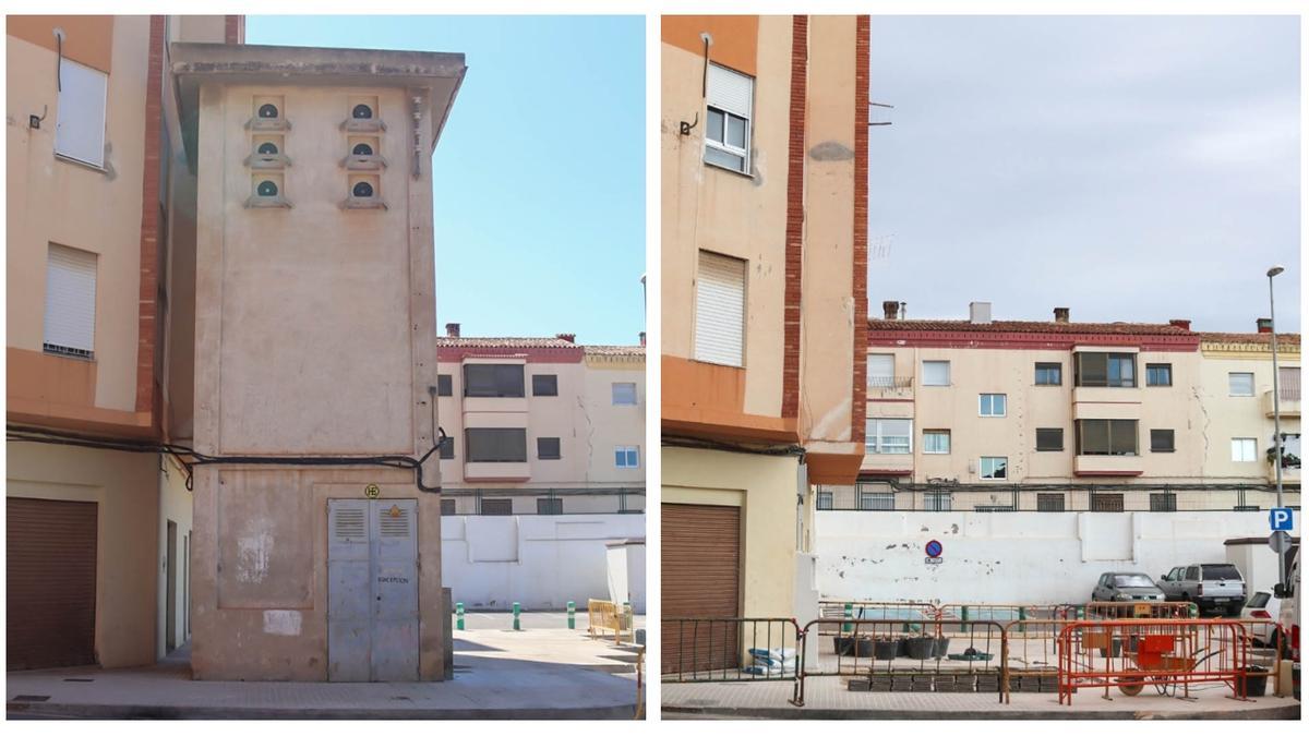 A la izquierda, foto de la torre de luz, antes de empezar las obras. A la derecha, foto actual tras demoler la estructura.