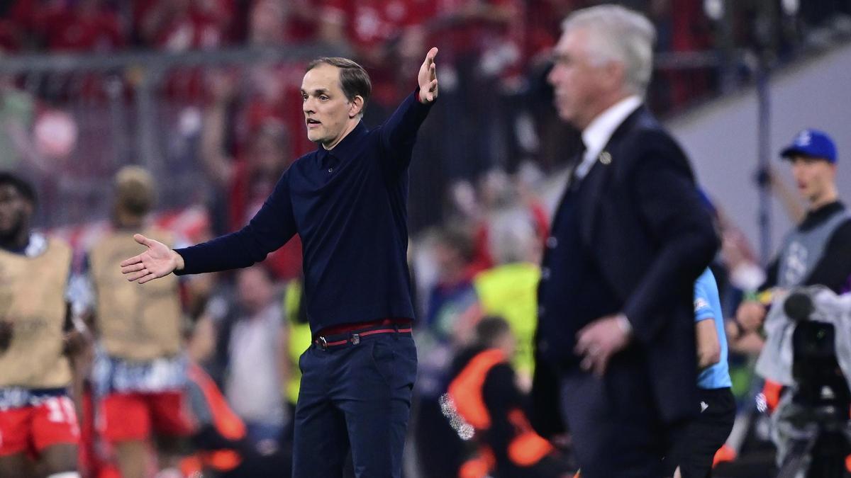 Thomas Tuchel, entrenador del Bayern, junto a Carlo Ancelotti, del Real Madrid, en la ida de semifinales de Champions.
