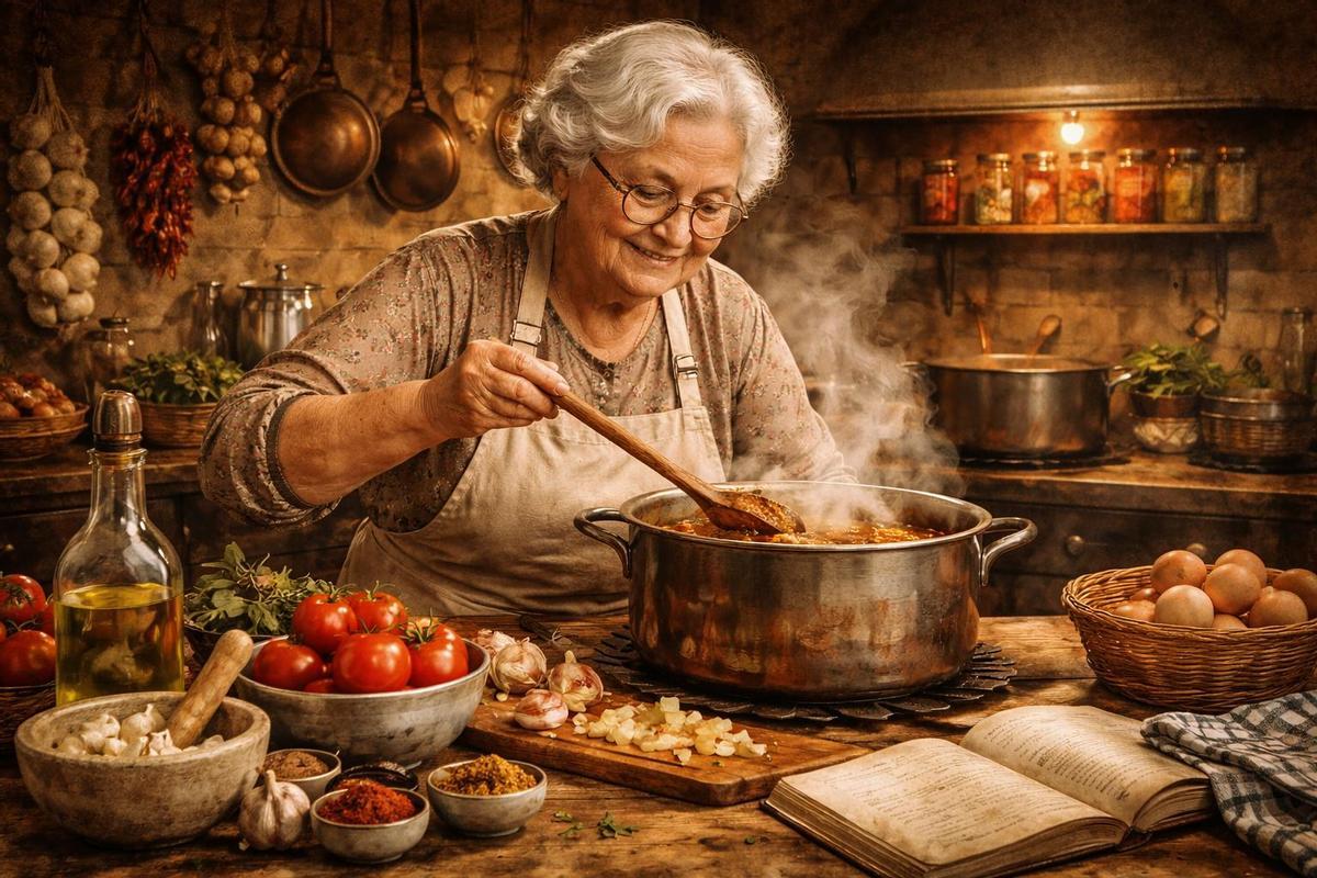 Ilustración de una abuela cocinando.