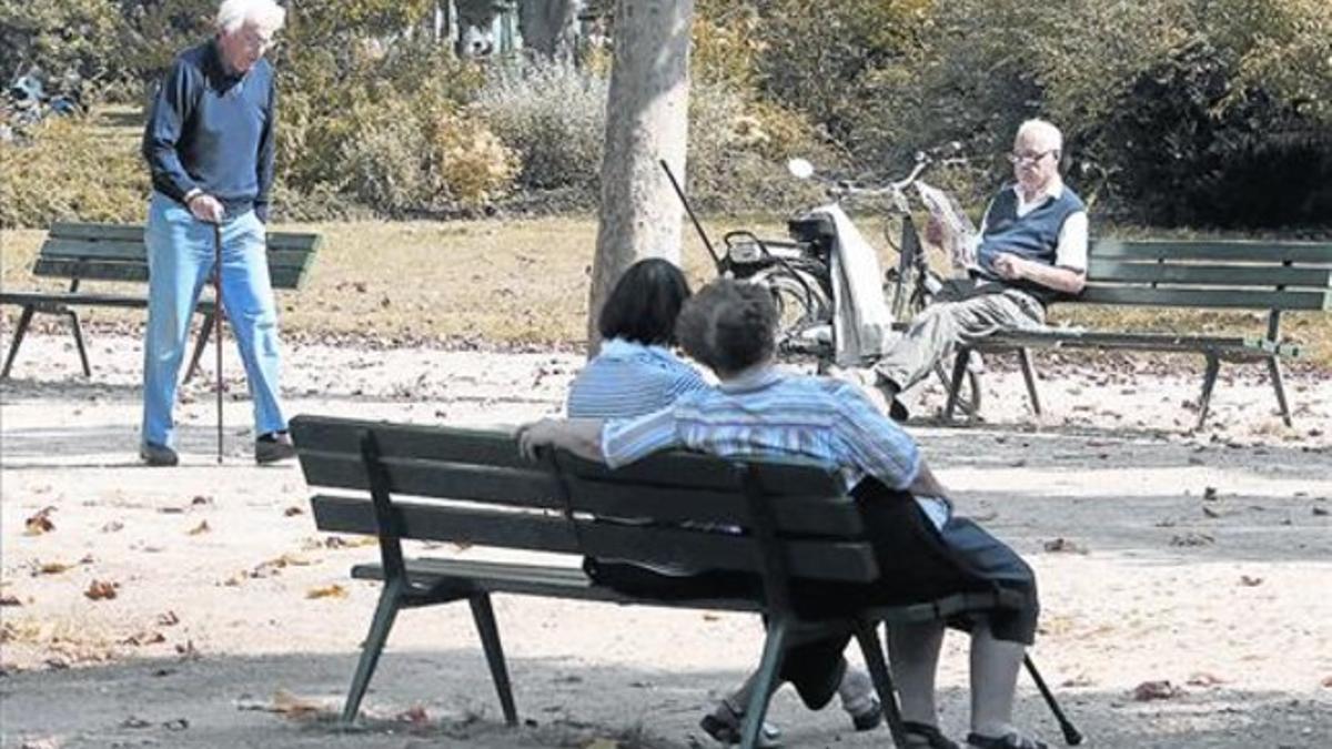 Personas mayores se relajan en un parque.