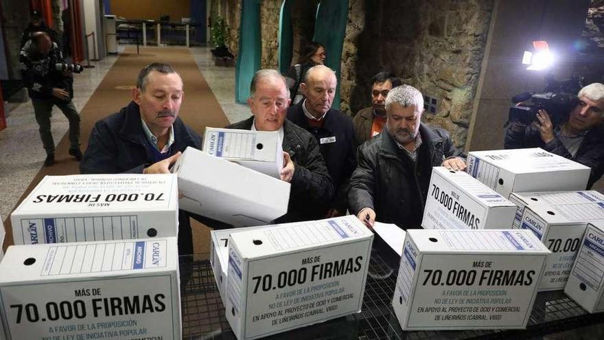 Entrega de las más de 70.000 firmas ayer por la mañana en el Parlamento de Galicia. // Xoán Álvarez