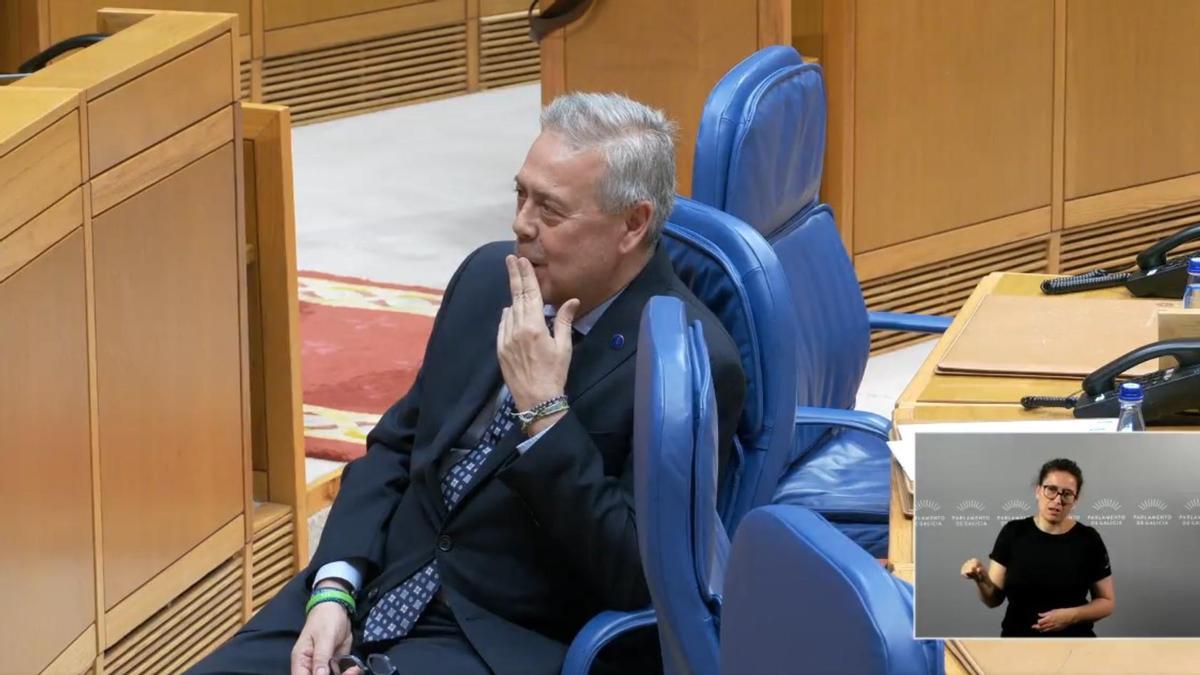 El conselleiro durante la intervención de Paulo Ríos, en un frame del streaming del Parlamento.