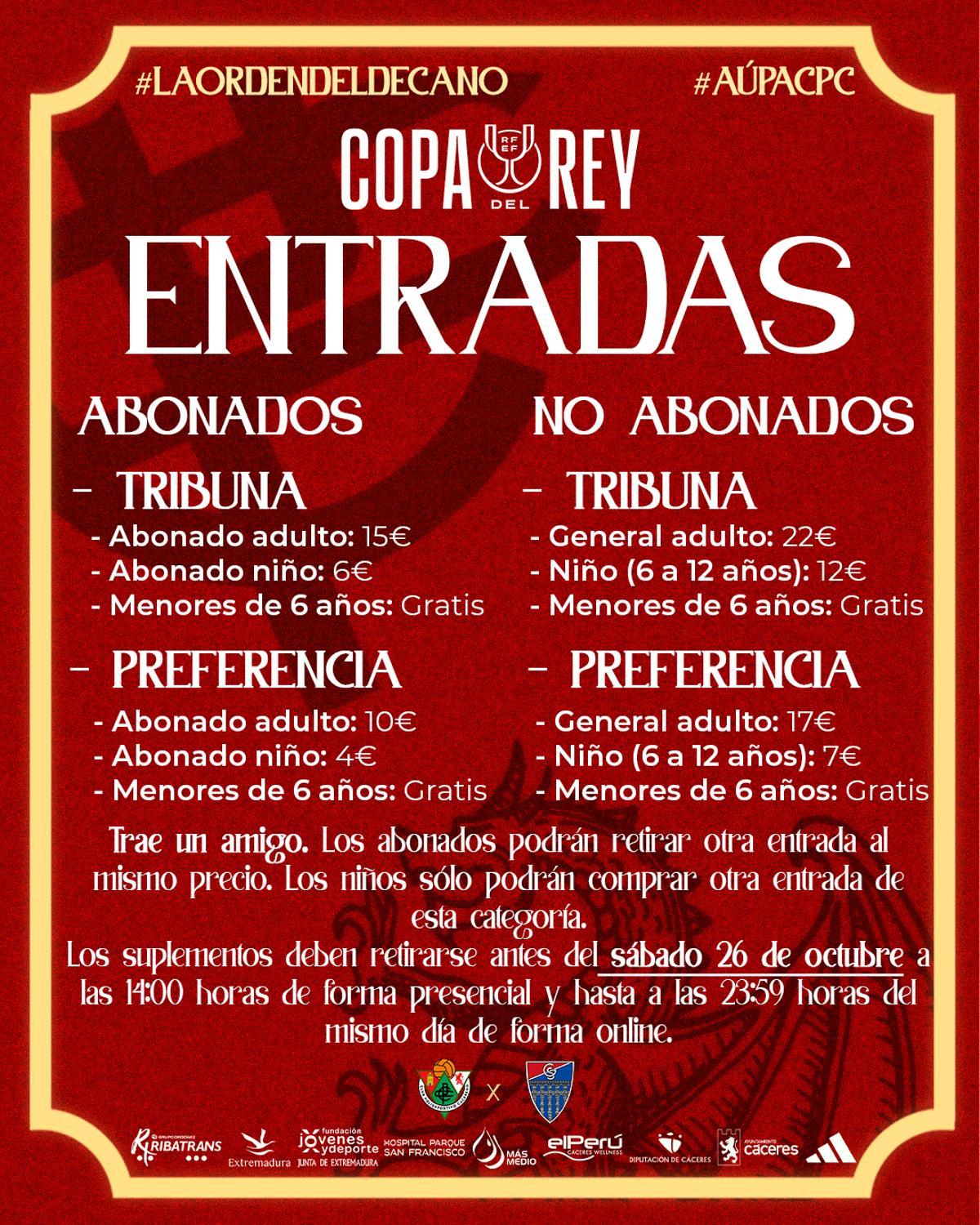 Cartel con la lista de precios del Cacereño para el partido ante la Gimnástica Segoviana.