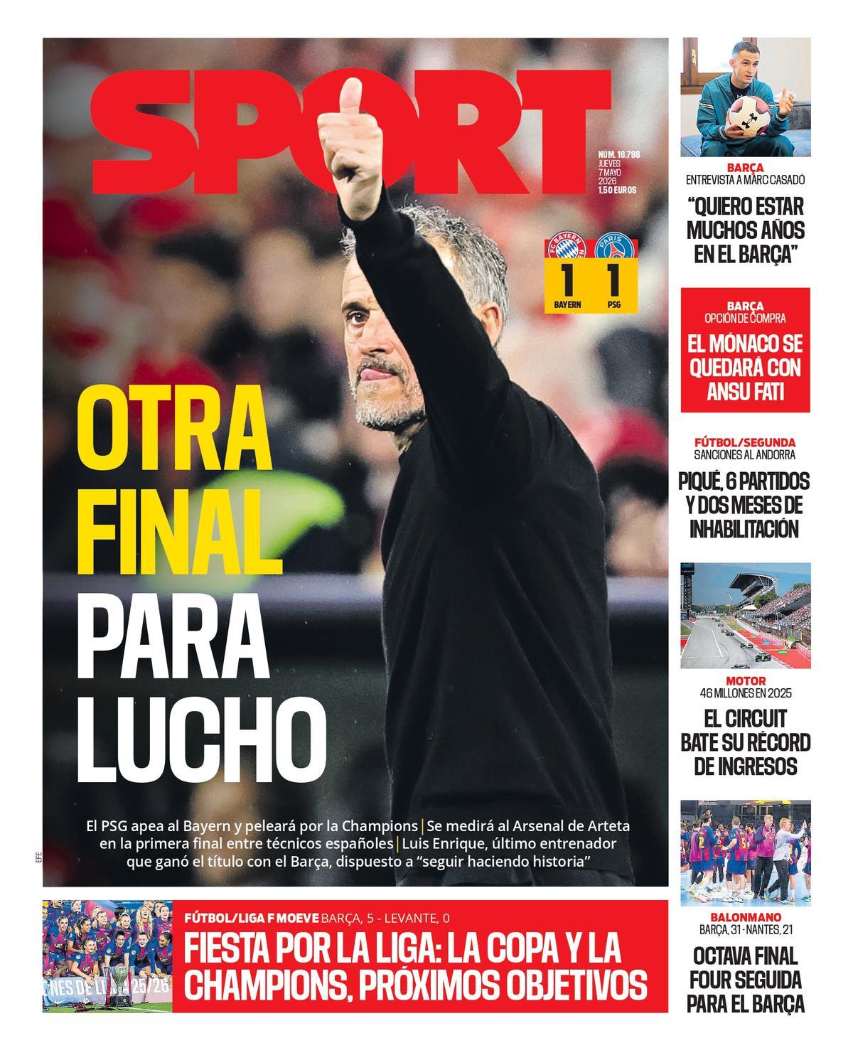 Esta es la portada de SPORT de hoy jueves, 7 de mayo de 2026