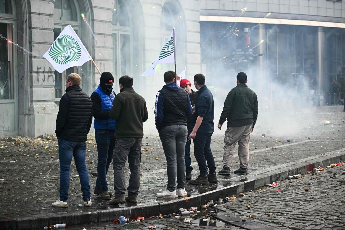 Manifestantes ondean banderas del sindicato francés FNSEA ante el Parlamento Europeo en la Place du Luxembourg.