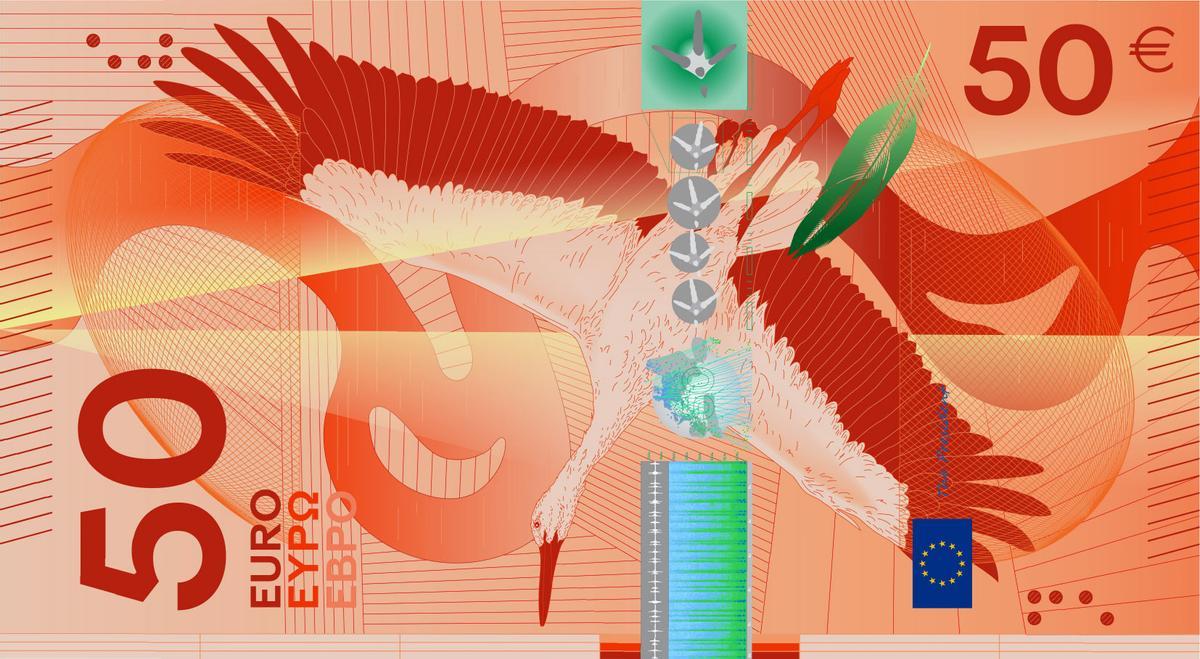 Diseño del billete de 50 euros en el que se ve a la cigüeña blanca y su presencia sobre el mapa de Europa, sus huellas y las ondas de sonido de su canto.
