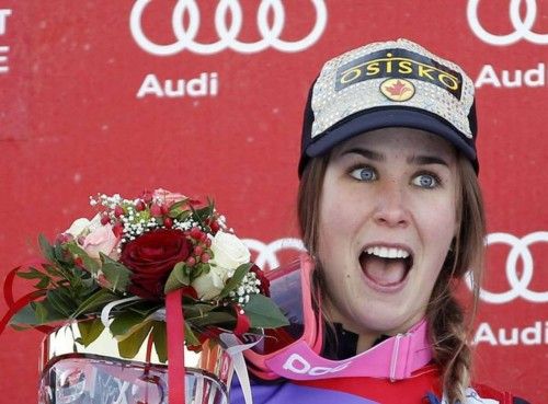 Gagnon of Canada celebrates after winning the World Cup Women's super combined race in Altenmarkt-Zauchensee