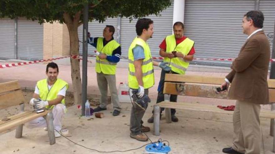 Operarios en el Passeig dels Carreters con el edil de Parques.