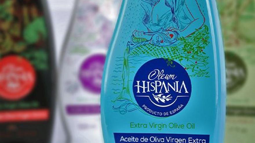 Botellas de aceite de oliva de Oleum Hispania, producido en el Molino Virgen de Fátima.