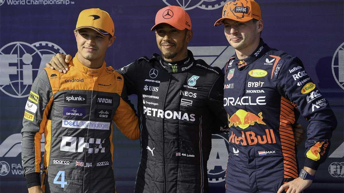 Hamilton, escoltado por Norris y Verstappen, este sábado en Hungría