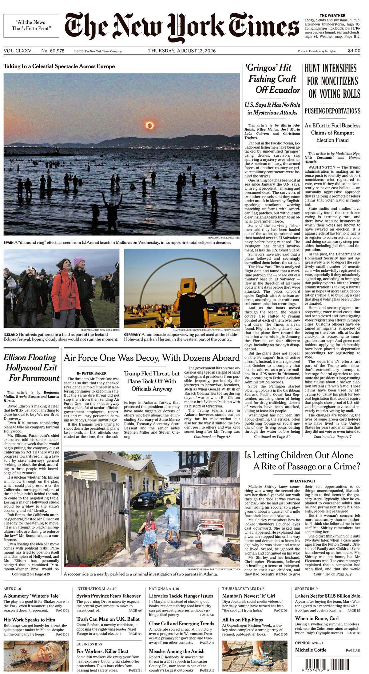Portada de 'The New York Times' del 13 de agosto de 2026, con la foto principal del eclipse en Mallorca, captada en s'Arenal
