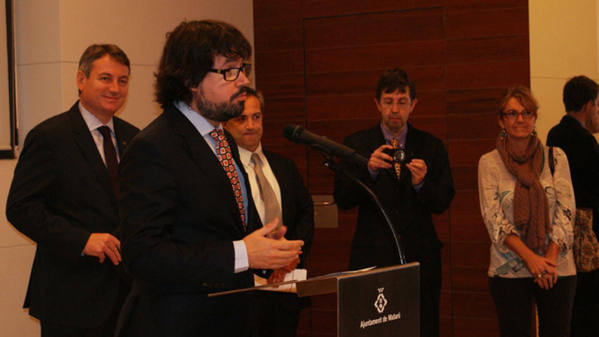 El secretario de Mobilitat de la Generalitat, Ricard Font, durante su intervención en el acto de reconocimiento a Miquel Biada en Mataró.