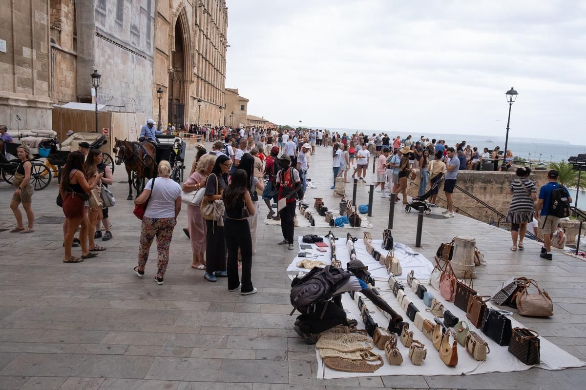 El top manta entre las colas de acceso a la Catedral y al Palacio de la Almudaina