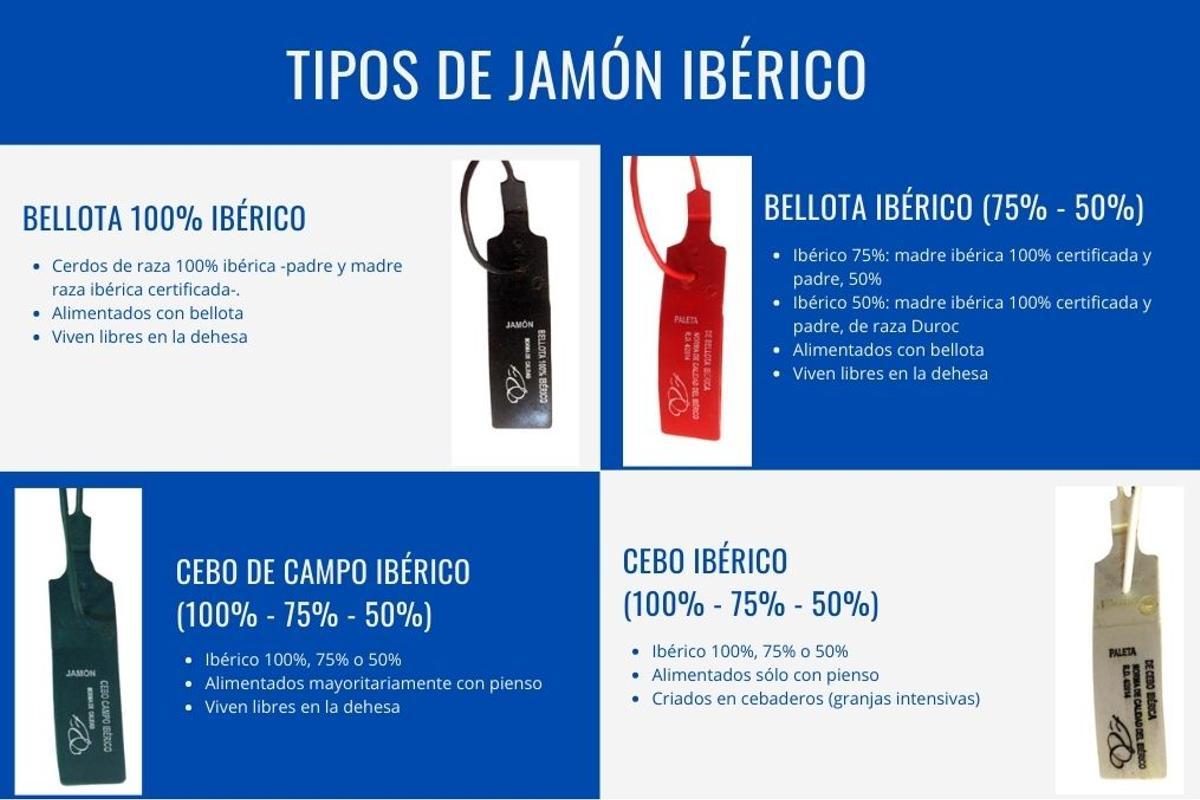 Tipos de jamón ibérico según su origen y su alimentación.