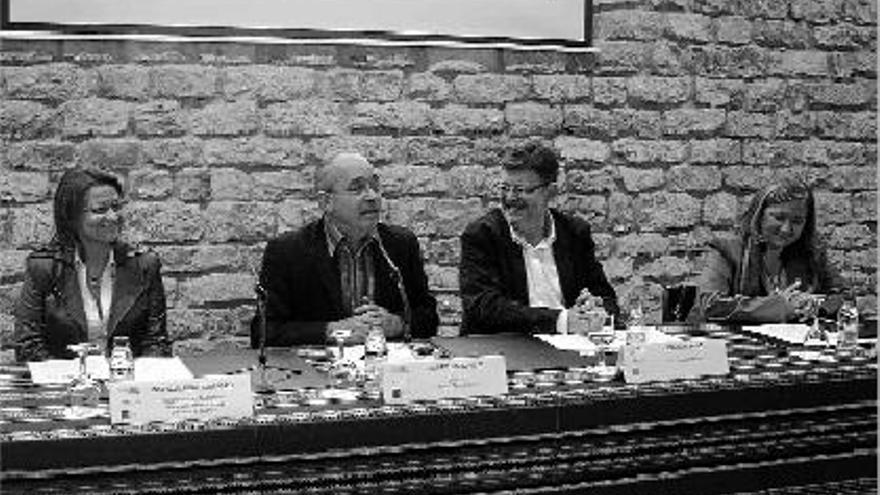 Figueres, Bargalló, Puig y Fortanet, ayer, durante su intervención en Morella.