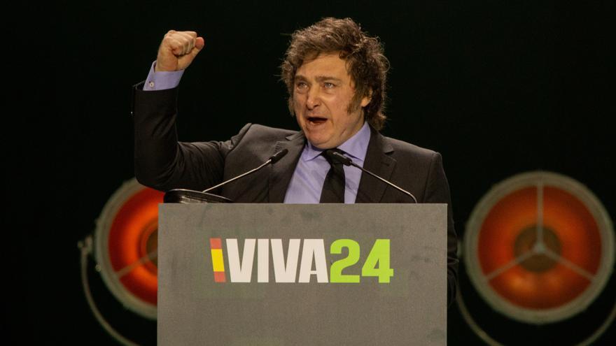 Javier Milei, presidente de Argentina , durante su intervención en la convención política de Vox &quot;Europa Viva 24&quot; que se celebra este domingo en el Palacio de Vistalegre.