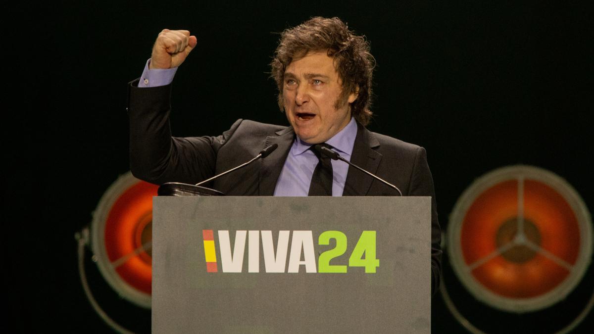 Javier Milei, presidente de Argentina , durante su intervención en la convención política de Vox &quot;Europa Viva 24&quot; que se celebra este domingo en el Palacio de Vistalegre.