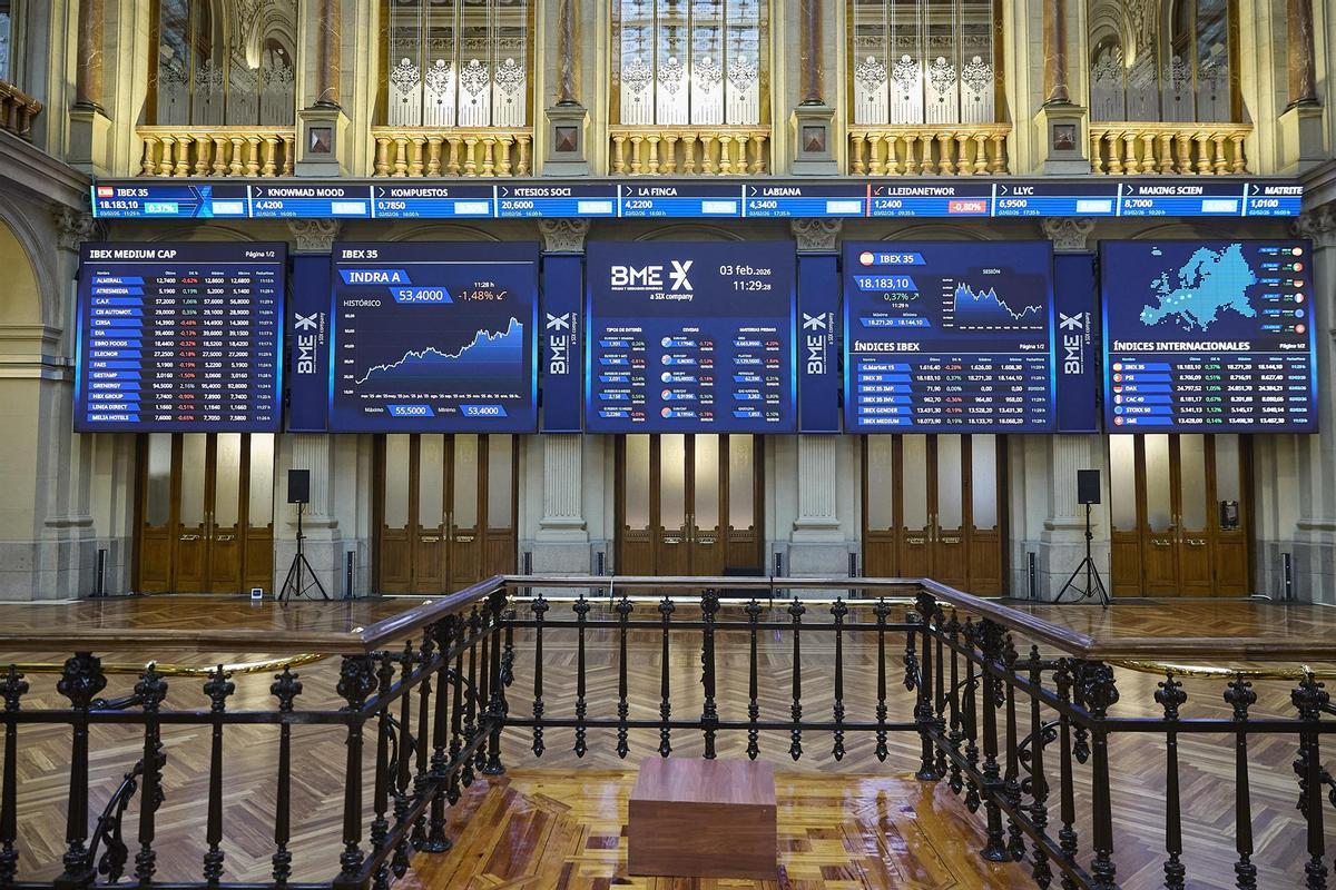 Paneles informativos en el Palacio de la Bolsa de Madrid, a 3 de febrero de 2026, en Madrid
