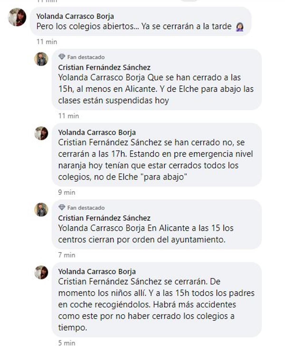 Comentarios en Facebook sobre el cierre de colegios en Alicante