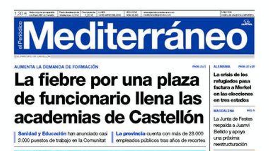 La fiebre por una plaza de funcionario llena las academias de Castellón, hoy en la portada de Mediterráneo