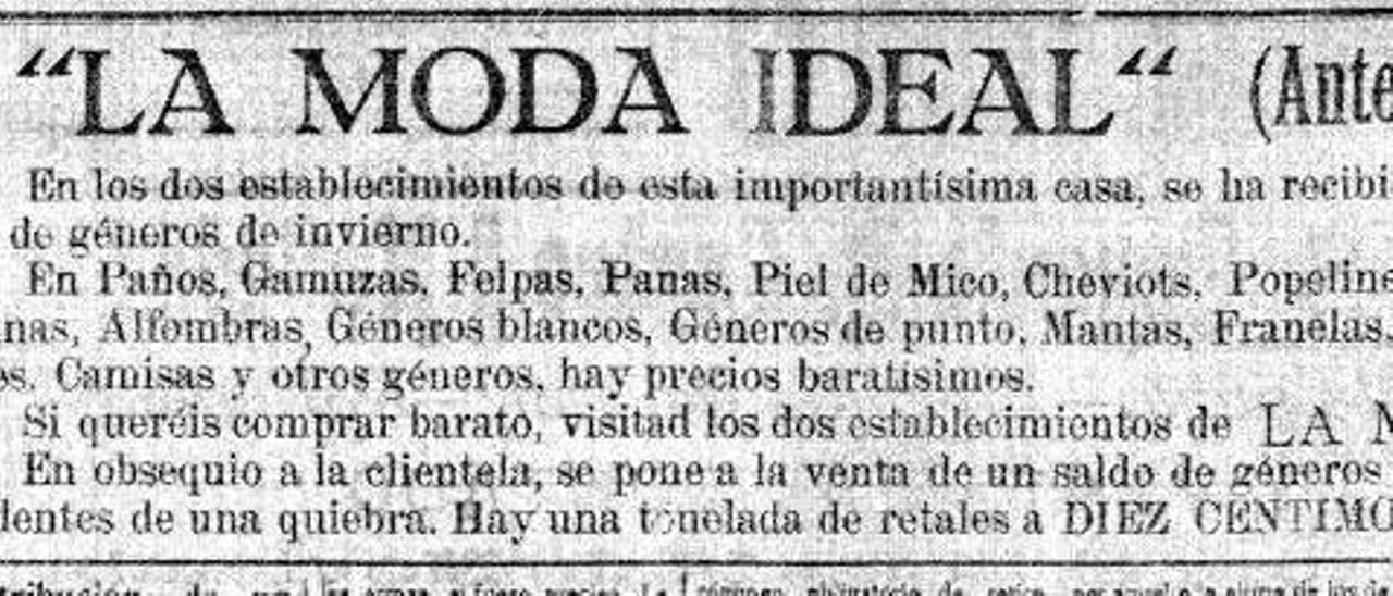 Pirmer anuncio de La Moda Ideal, con una referencia a su antiguo nombre de La Moda, publicado a finales de 1921.