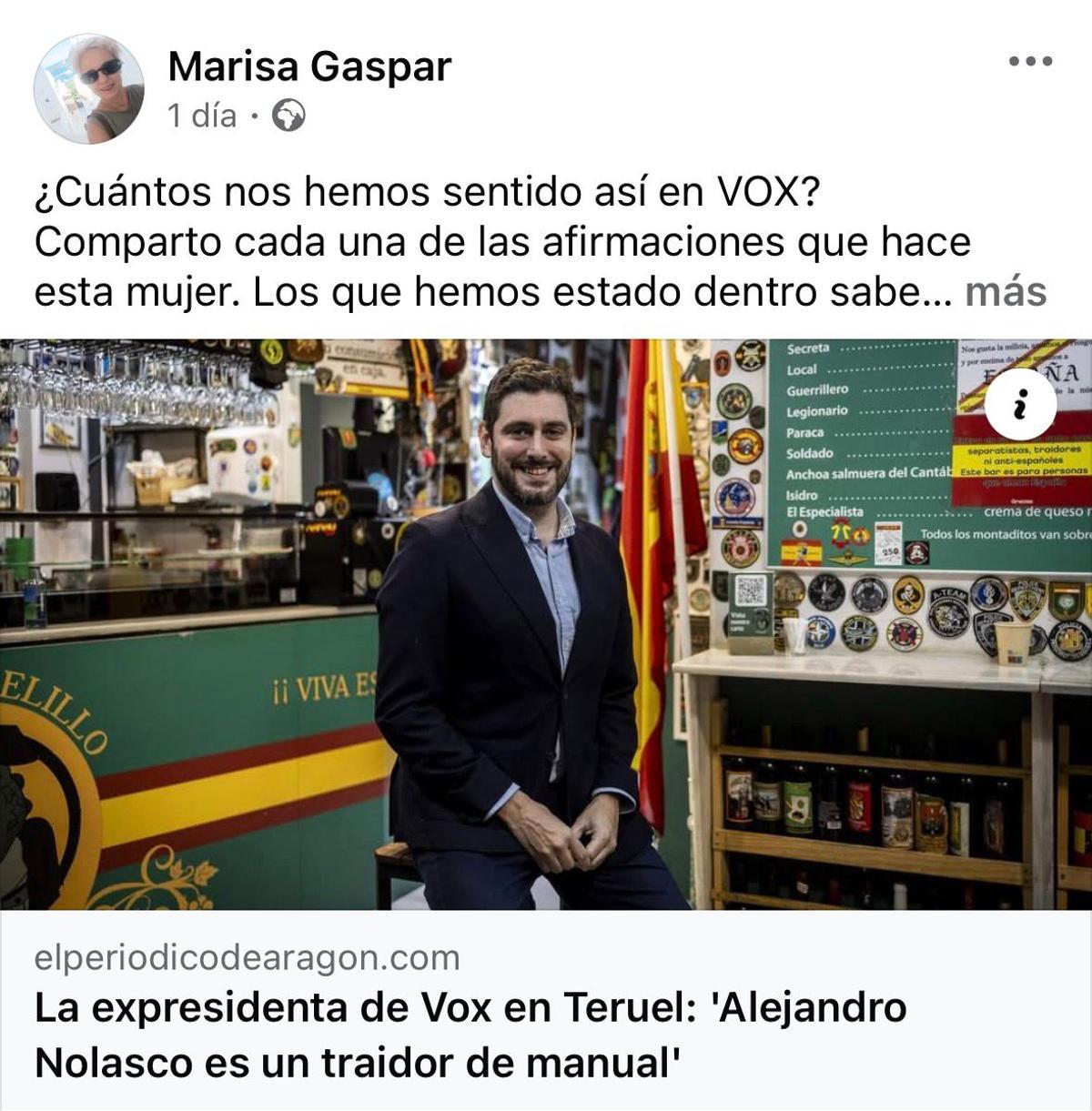 Captura de pantalla del Facebook de Marisa Gaspar.