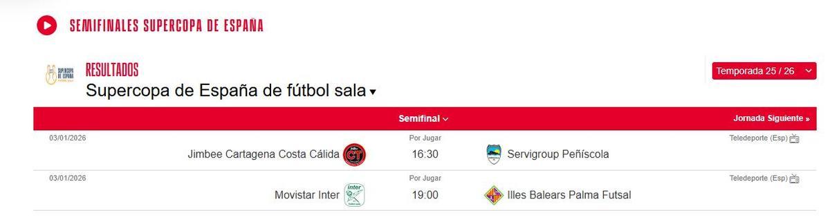 Horarios Supercopa de España de fútbol sala.