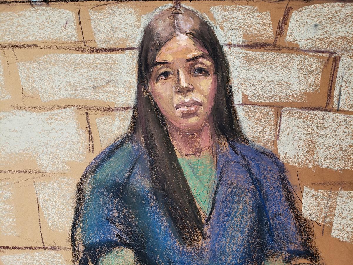 Emma Coronel Aispuro, esposa del jefe del cartel de la droga mexicano Joaquín &quot;El Chapo&quot; Guzmán, durante una audiencia virtual en un tribunal federal en Washington, el 23 de febrero de 2021 en este boceto de la sala de audiencias.