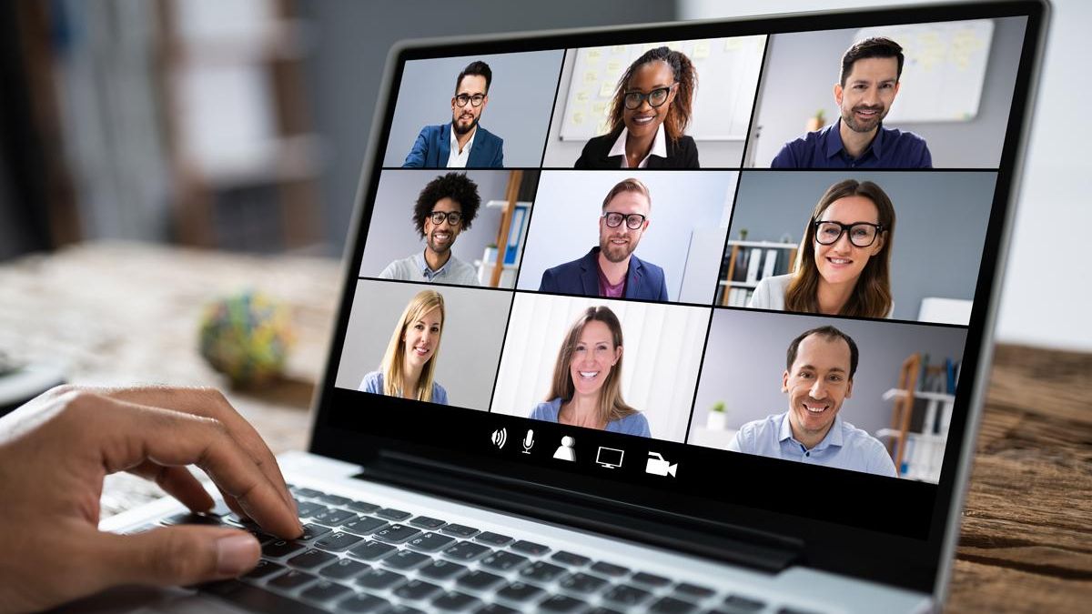 A video conference. A video conference.