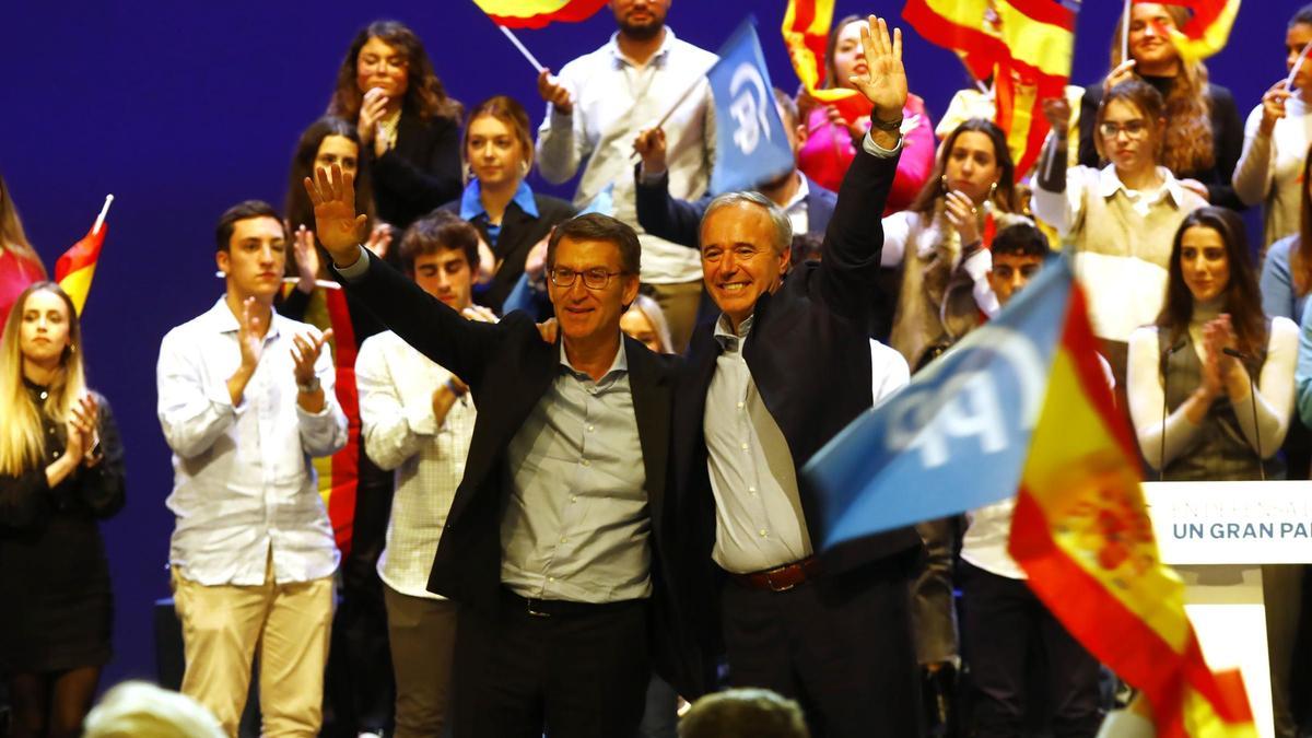 Mitin del PP en Zaragoza, con Alberto Núñez Feijóo y Jorge Azcón, el pasado mes de noviembre.