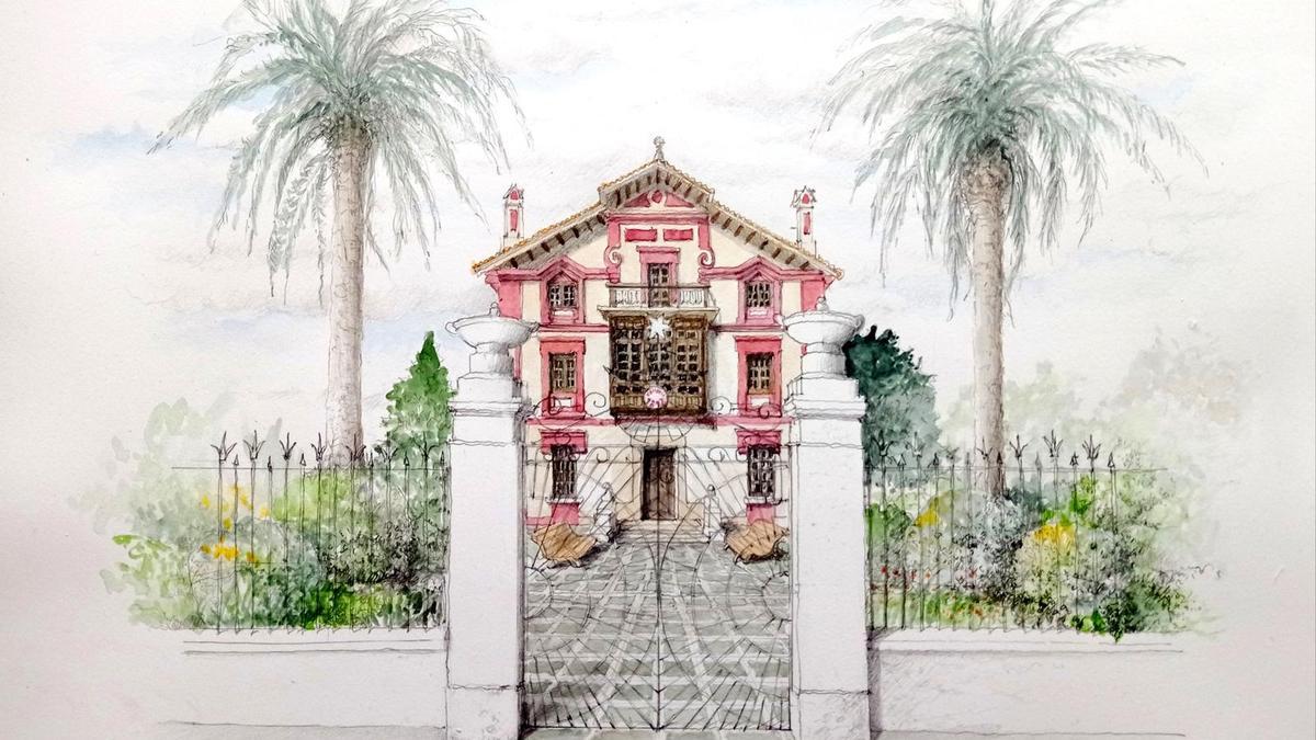 Pluma y acuarela de la Quinta Buenavista por Adriana Asman, arquitecta ilustradora.