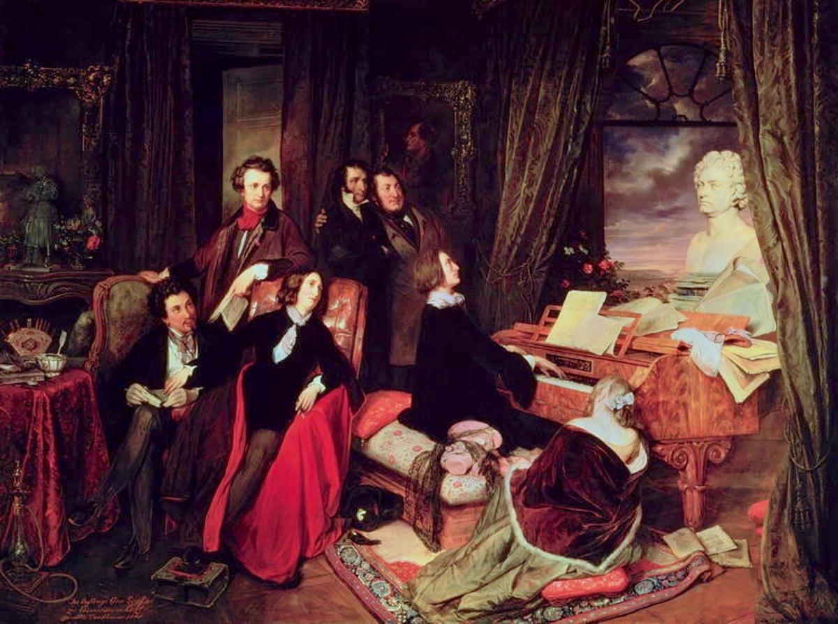 El cuadro 'Liszt en el piano', de Josef Danhauser. Aparece un busto de Beethoven. También están pintados los artistas Dumas, George Sand, Franz Liszt, Marie d'Agoult, Victor Hugo, Niccolò Paganini y Gioachino Rossini.