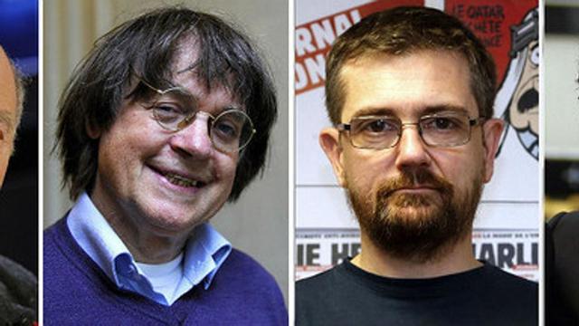 De izquierda a derecha, los dibujantes de 'Charlie Hebdo' Georges Wolinski, Jean Cabut (alias Cabu), el director Stéphane Charbonnier (alias Charb) y Bernard Verlhac (alias Tignous).