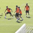 Jugadores del Celta, durante un ejercicio en la mañana de ayer en Afouteza. | ALBA VILLAR