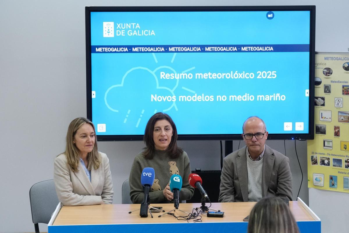La directora xeral de Enerxías Renovables e Cambio Climático, Paula Uría; la conselleira de Medio Ambiente e Cambio Climático, Ángeles Vázquez y el coordinador de Meteogalicia, Juan Taboada.
