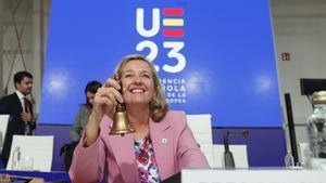 La vicepresidenta primera y ministra de Asuntos Económicos, Nadia Calviño, durante el segundo plenario de la reunión de Ecofin UE-CELAC, este viernes en Santiago de Compostela 